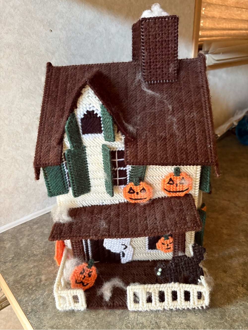 VTG Haunted House Needlepoint and Plastic 10x15x10” Cottagecore Great Condition